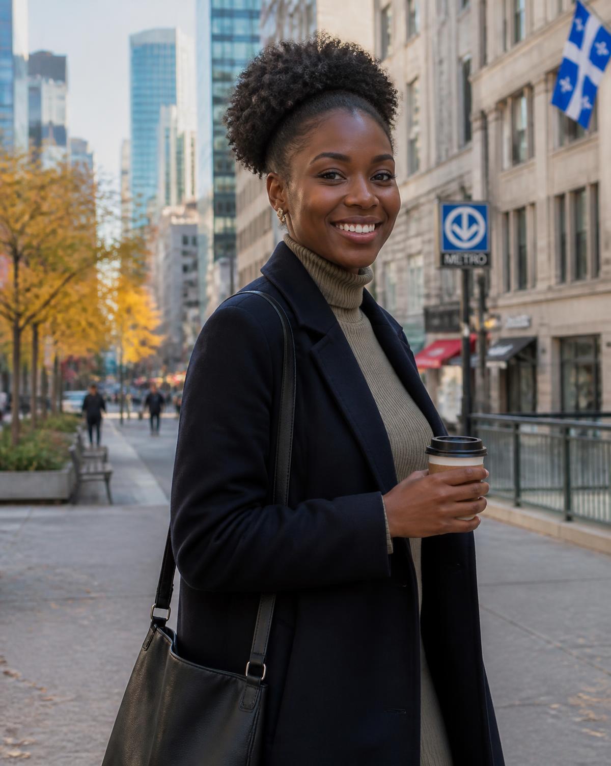 Jeune professionnelle francophone souriante dans une rue du centre-ville de Montréal